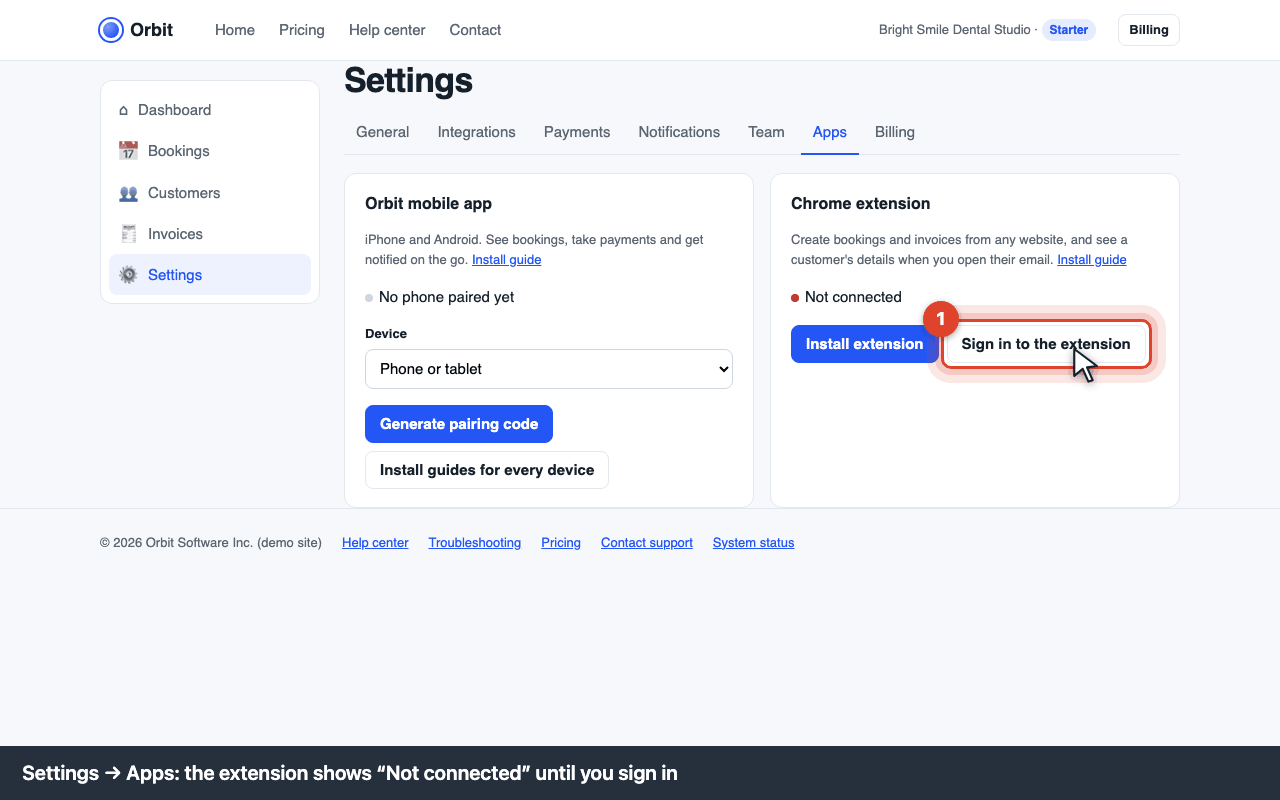 Settings → Apps: Chrome extension card showing Not connected