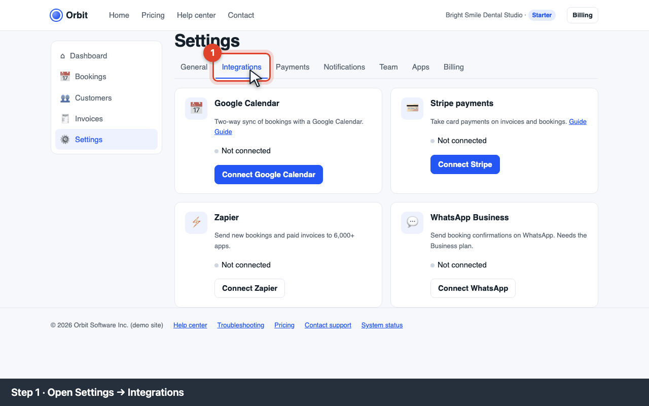 Settings → Integrations tab