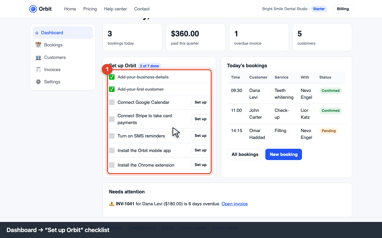 Dashboard: the setup checklist shows what's left
