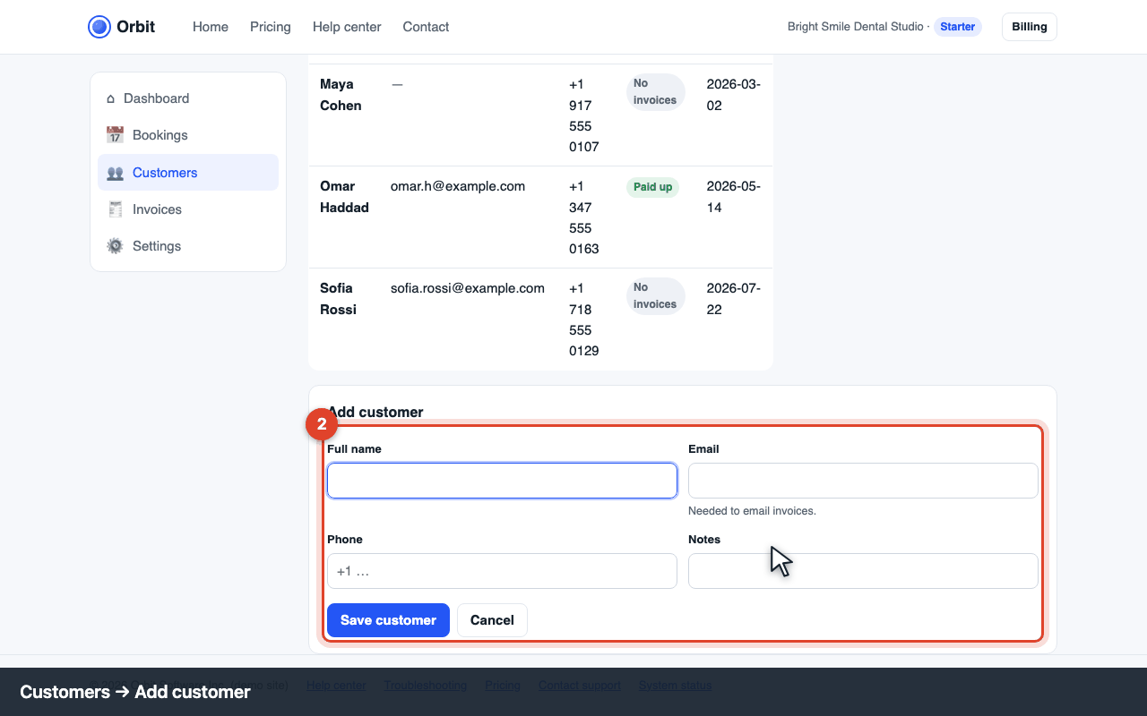 Customers → Add customer form