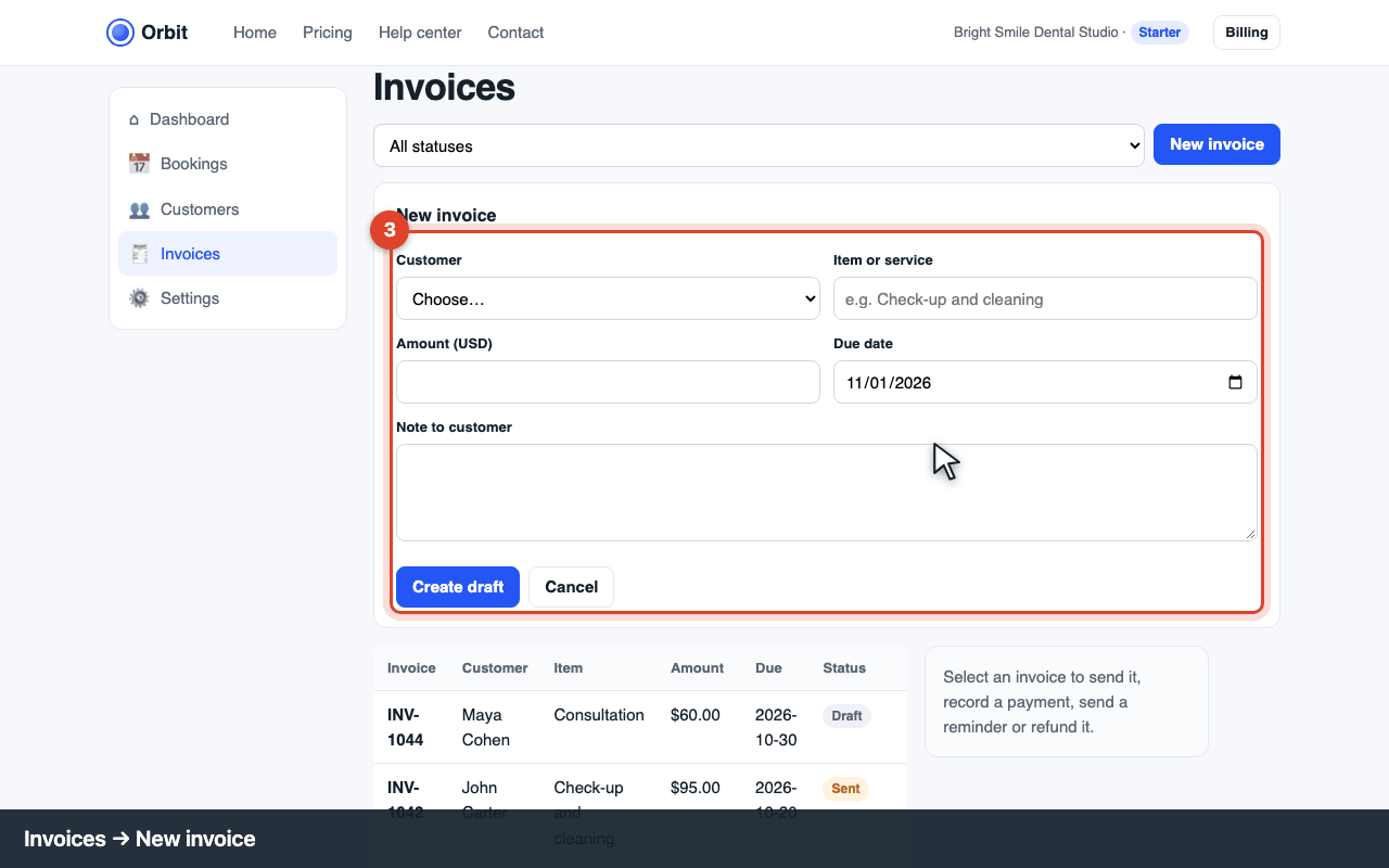 Invoices → New invoice form