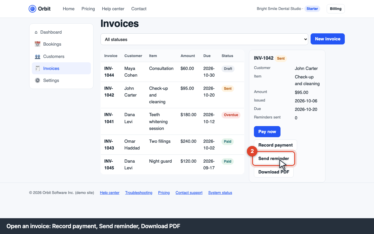 Invoice detail with Send, Record payment and Reminder buttons
