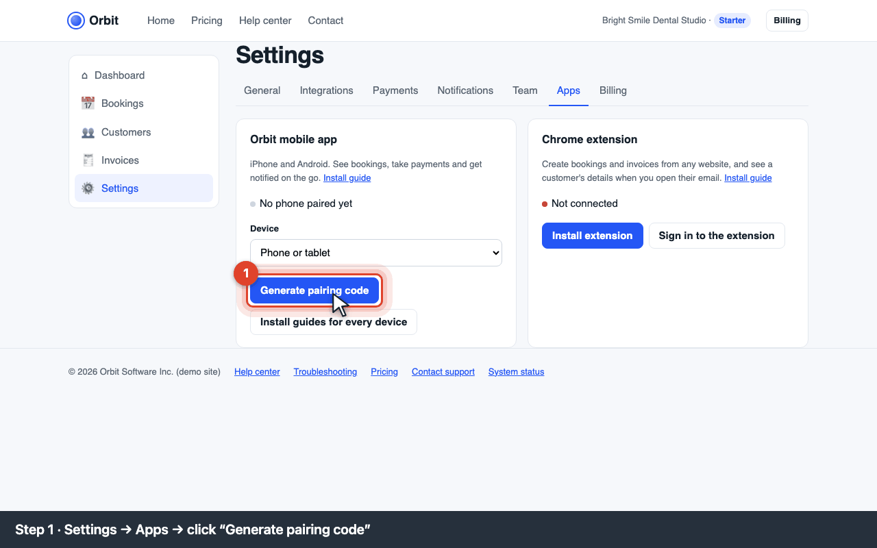 Settings → Apps: the Orbit mobile app card