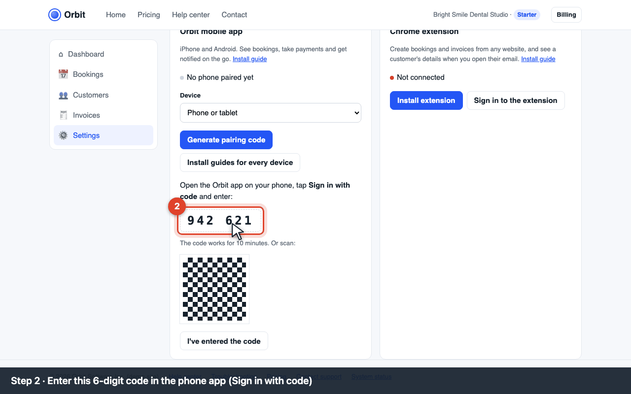 The 6-digit pairing code and QR code
