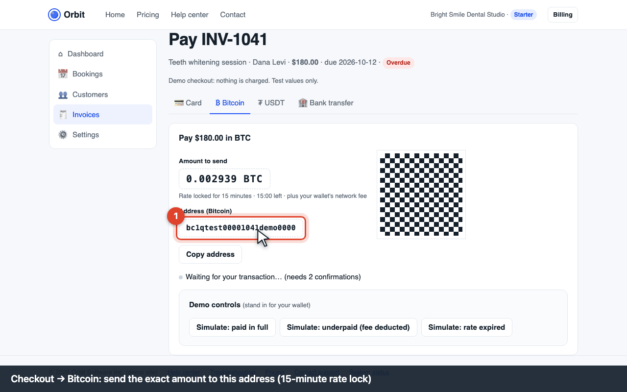 Checkout: Bitcoin address, amount and QR code