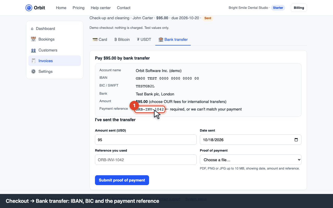 Checkout: bank details and reference