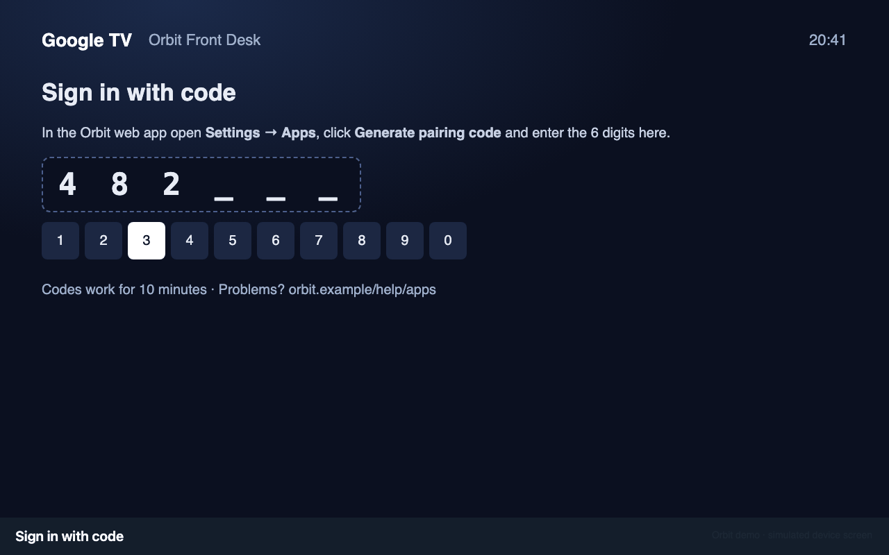The device's Sign in with code screen
