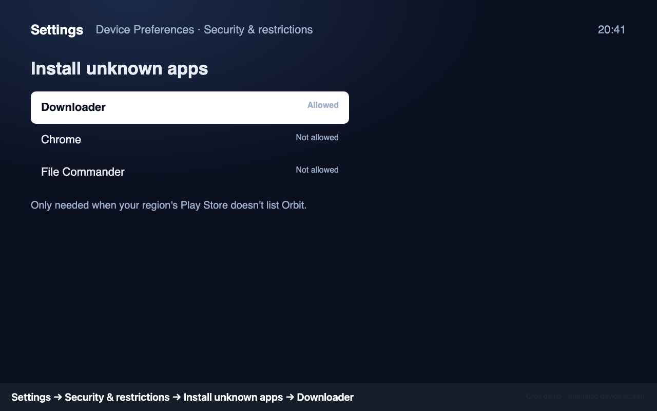 Install unknown apps: Downloader → Allowed