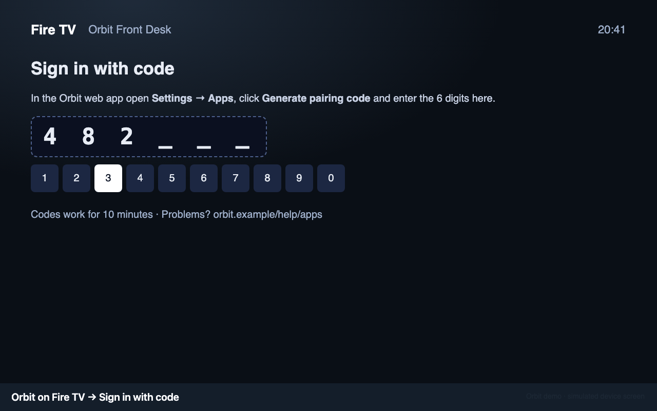 The device's Sign in with code screen