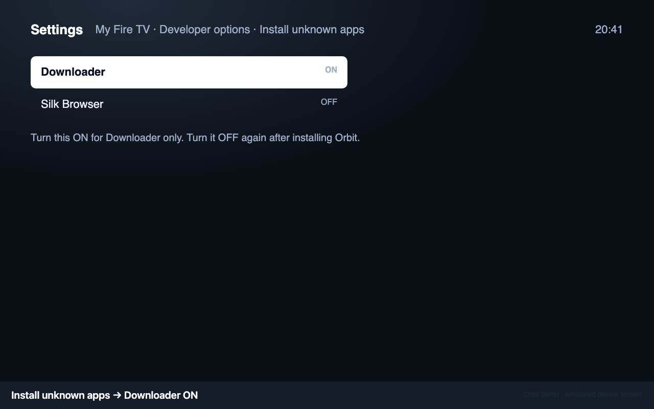 Install unknown apps: Downloader ON