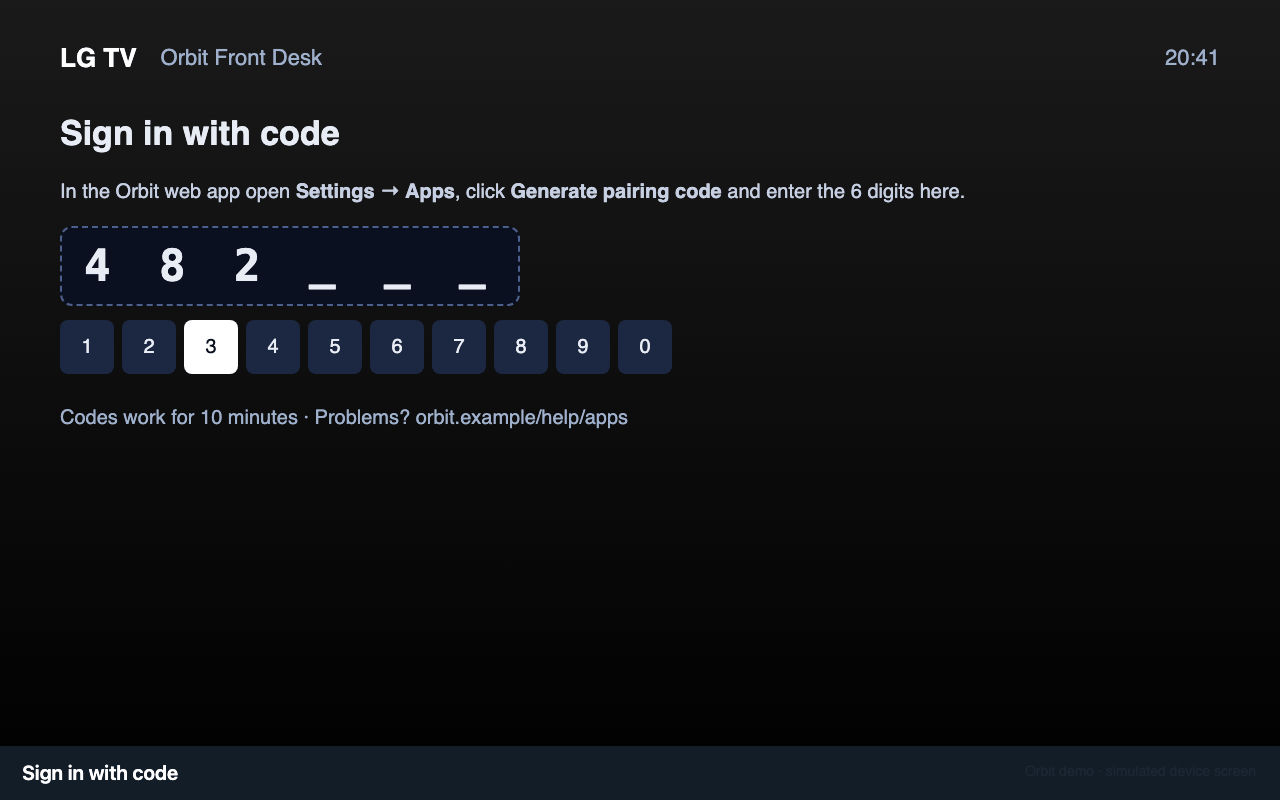 The device's Sign in with code screen