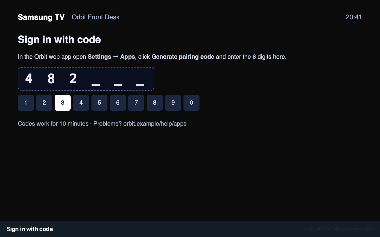 The device's Sign in with code screen