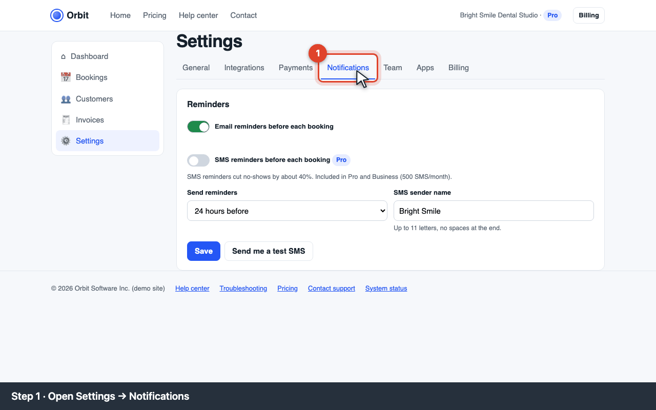 Settings → Notifications tab