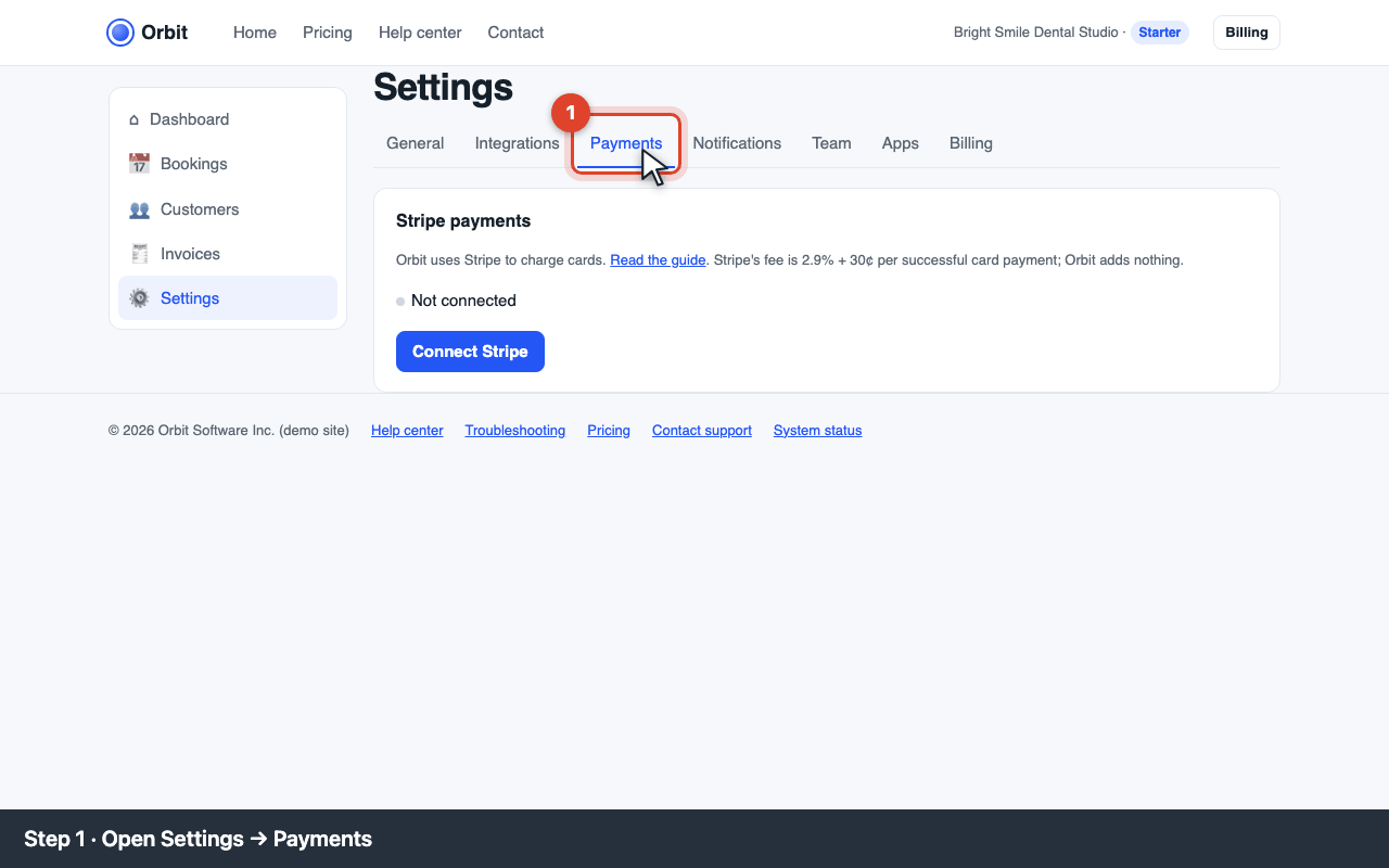 Settings → Payments tab