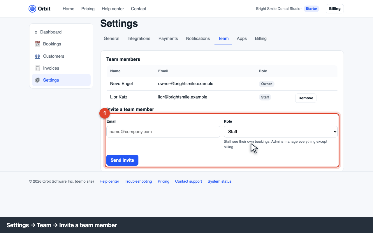 Settings → Team: invite form