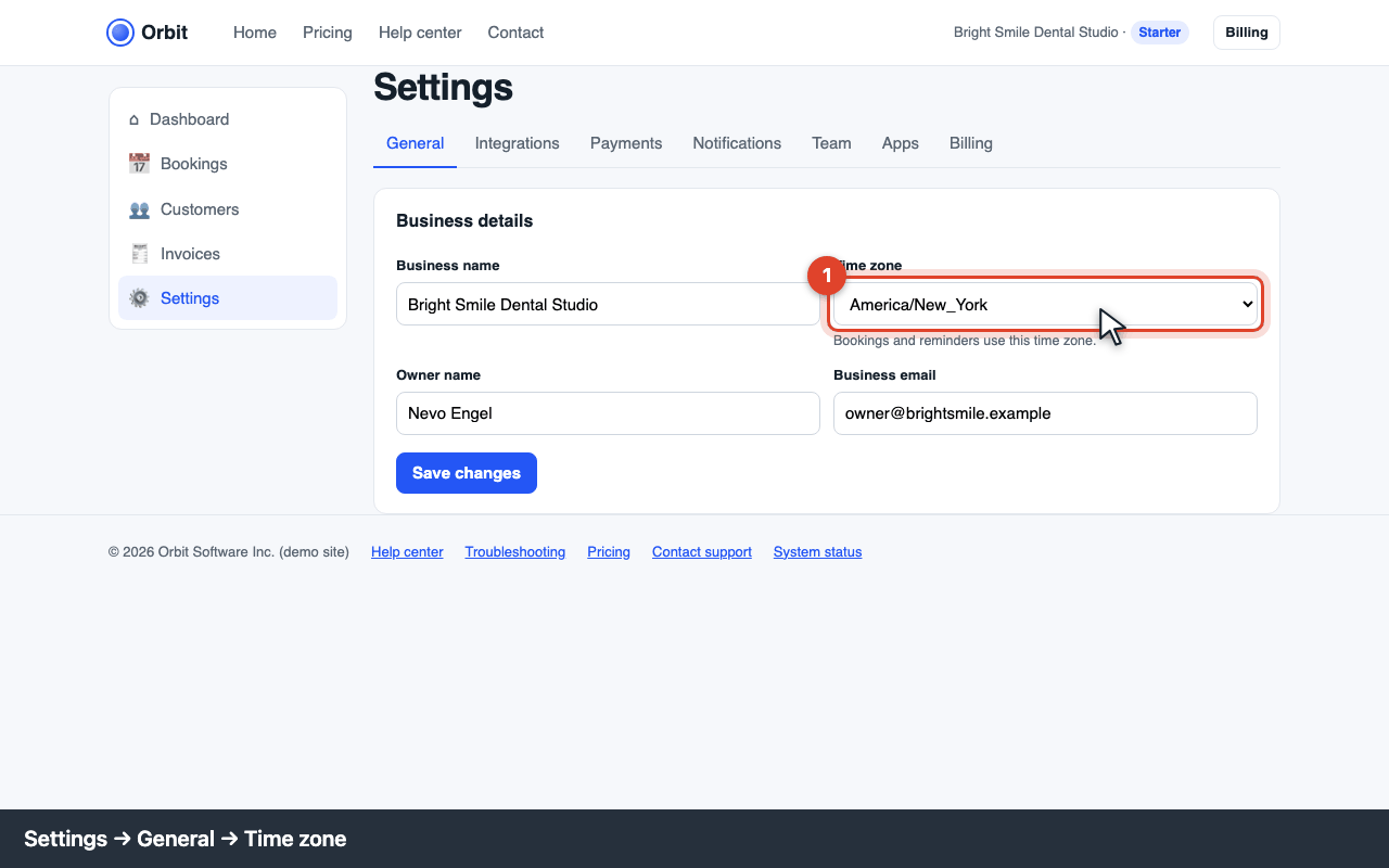 Settings → General: business name and time zone